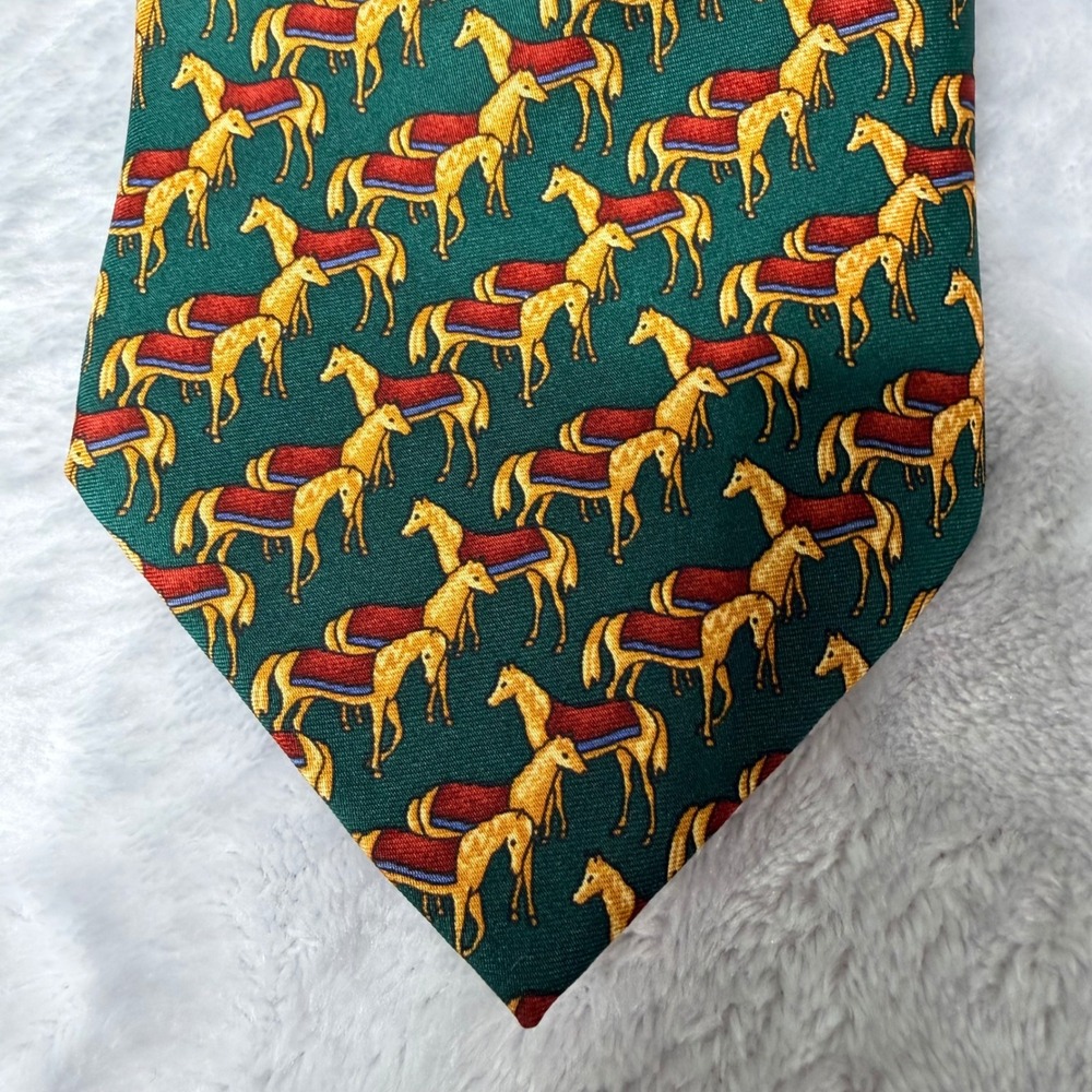 Beaufort Tie Rack Mens Silk Tie Green Equestrian Horse Print Made in Italy